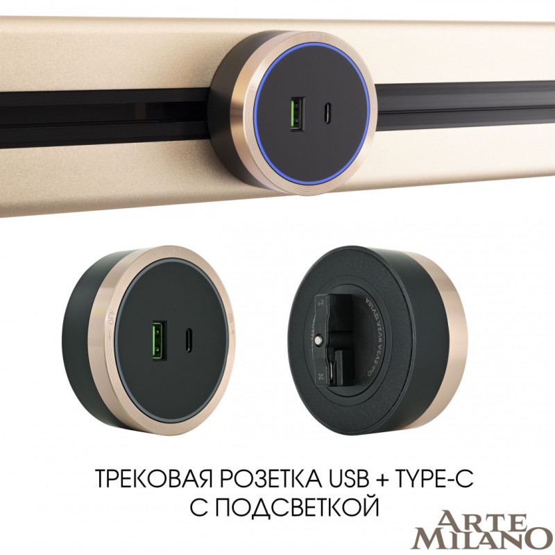 Трековая система розеток Arte Milano 380066TS LED/USB-Type-C Gold
