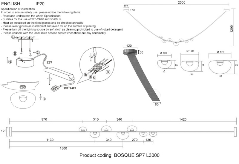 Накладной светильник Crystal Lux BOSQUE SP7 L3000 BLACK/TRANSPARENT